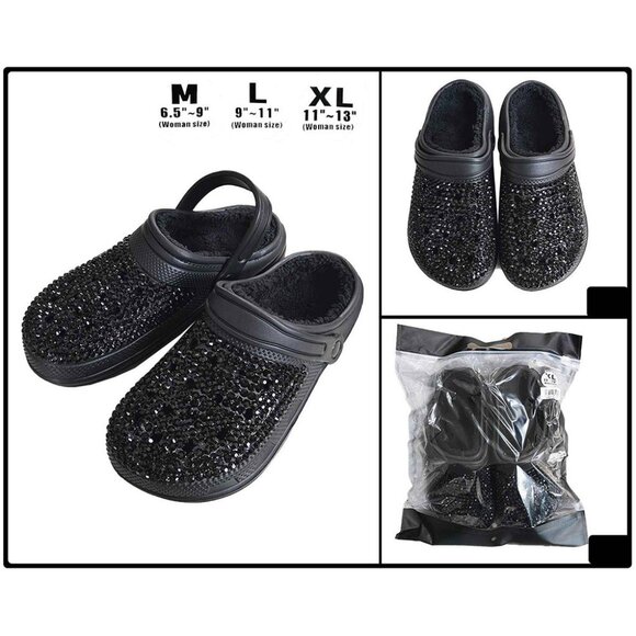 Black Bling Rhinestone Crystal Fur Slip On Croclike Slides Rubber Clogs Sandals - Picture 2 of 4